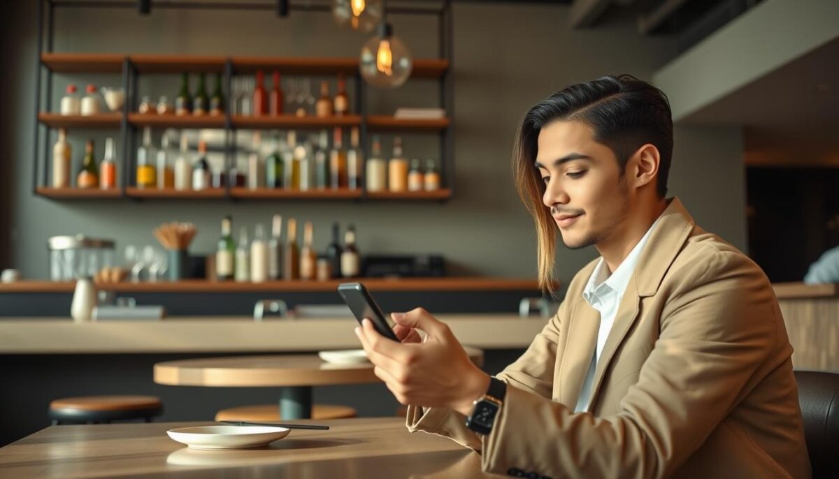A trendy restaurant interior with an influencer sitting at a table, capturing content on their smartphone. Soft, natural lighting illuminates the scene, emphasizing the cozy ambiance. In the background, a minimalist bar and shelves displaying artisanal cocktails and garnishes. The influencer's attire reflects the restaurant's modern, upscale vibe. Their expression conveys a sense of engagement, as they document the dining experience for their social media followers. The overall composition suggests the potential reach and impact of influencer marketing for this establishment.