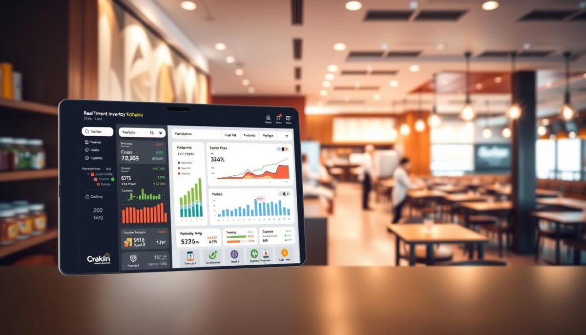 A vibrant, high-resolution image of a restaurant inventory software interface. In the foreground, a sleek, intuitive dashboard displays real-time inventory data, sales trends, and order management tools. In the middle ground, a 3D render of a restaurant kitchen bustles with activity, chefs efficiently stocking shelves and preparing dishes. The background is softly blurred, revealing a panoramic view of a modern, well-lit restaurant dining area. The overall scene conveys a sense of seamless efficiency, technological integration, and improved customer satisfaction through streamlined inventory management.
