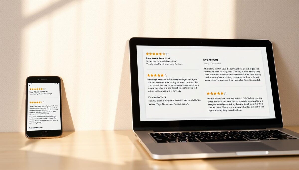 A vibrant, high-resolution image of review snippets displayed on various digital devices, including a smartphone, tablet, and laptop. The devices are arranged in a visually appealing, slightly angled composition, casting soft shadows on a neutral, textured background. The review snippets showcased should convey a sense of positive sentiment, with stars, ratings, and short, succinct comments that highlight the quality of the dining experience. The lighting is natural and diffused, creating a warm, inviting atmosphere. The overall scene should feel modern, clean, and engaging, reflecting the importance of online reviews in shaping consumers' dining decisions.