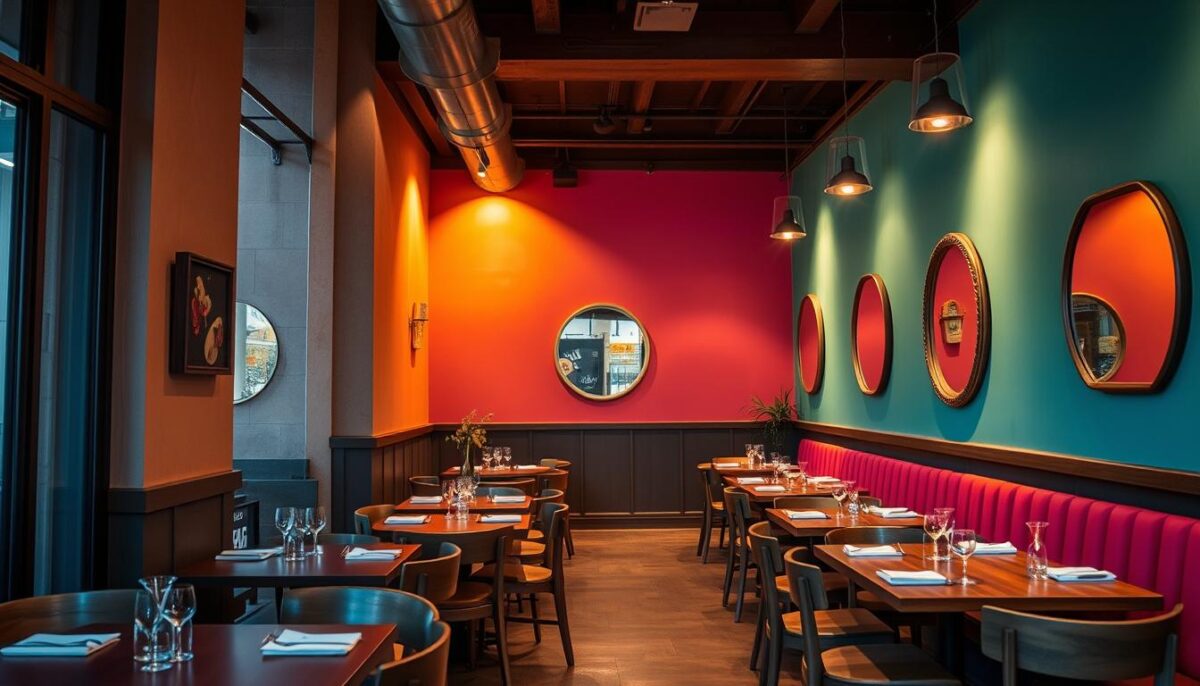 A vibrant restaurant interior with a carefully curated color scheme. Soft ambient lighting casts a warm glow across the room, accentuating the rich hues of the decor. The walls are adorned with a soothing earth-toned palette, punctuated by pops of vibrant accent colors that draw the eye. Wooden furniture and natural textures create a cozy, inviting atmosphere. Strategically placed mirrors reflect the light, adding depth and a sense of spaciousness. The overall effect is a harmonious and visually appealing space that sets the stage for a memorable dining experience.