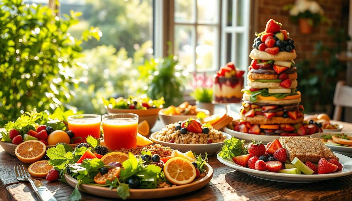 A vibrant summer menu laid out on a rustic wooden table, bathed in warm afternoon sunlight filtering through lush greenery. In the foreground, an artfully arranged display of colorful seasonal ingredients - fresh berries, crisp salad greens, juicy citrus slices. In the middle ground, an array of tempting dishes - a refreshing gazpacho, a hearty grain bowl, a towering summer berry trifle. In the background, a window overlooking a sun-dappled garden, hinting at the al fresco dining experience. The overall mood is one of vibrant, sun-soaked abundance, capturing the essence of a summer menu that delights the senses.