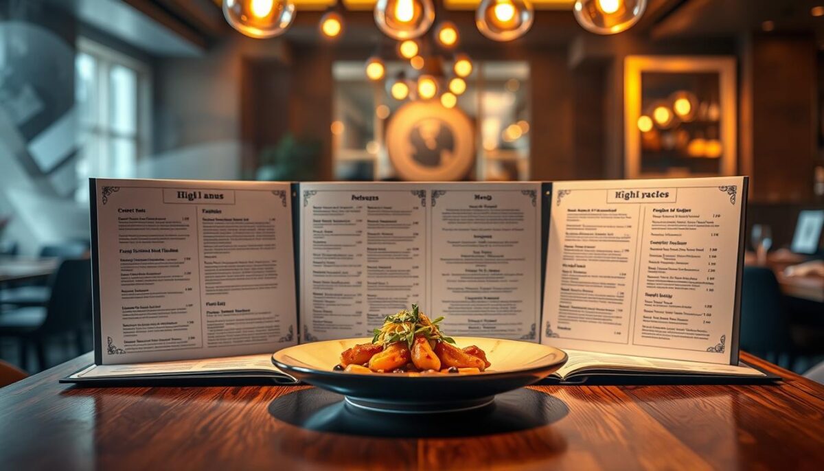 A visually striking, upscale restaurant menu design with a focus on high-profit dishes. The menu is displayed on a sleek, wooden table with a dramatic overhead lighting setup, casting warm, golden tones across the pages. The foreground features a central, elegantly arranged dish, such as a gourmet entree or artfully plated dessert, drawing the eye and emphasizing its visual appeal. The middle ground showcases the menu itself, the pages displaying tantalizing dish descriptions and pricing in a modern, minimalist layout. The background features a blurred, atmospheric setting, perhaps hinting at the restaurant's ambiance or decor, creating a sense of place and setting the scene.