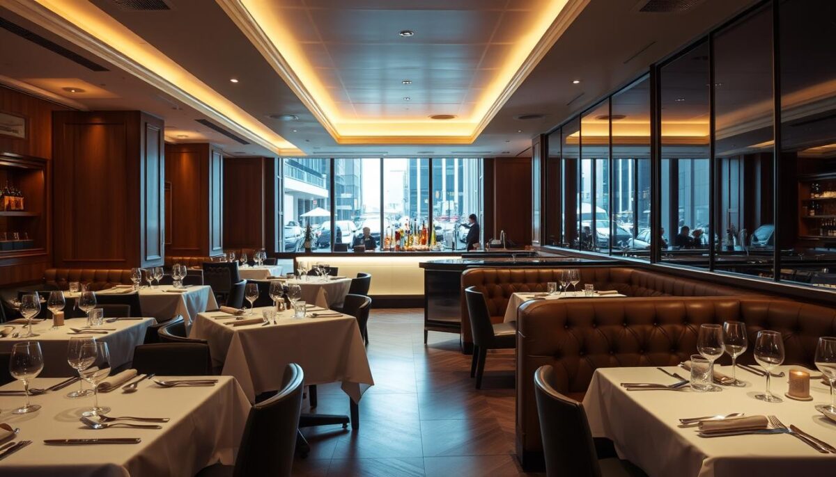 A warm, inviting restaurant interior with an elegant, upscale ambiance. Soft, indirect lighting illuminates a spacious dining area with crisp white tablecloths, sparkling glassware, and polished silverware. Plush, tufted leather banquettes line the walls, creating intimate seating nooks. The middle ground features a well-stocked bar with a mirrored backsplash, casting a subtle glow. In the background, a row of tall windows offers a glimpse of a bustling street scene outside, adding depth and a sense of place. The overall mood is one of refined sophistication, setting the stage for an elevated dining experience.