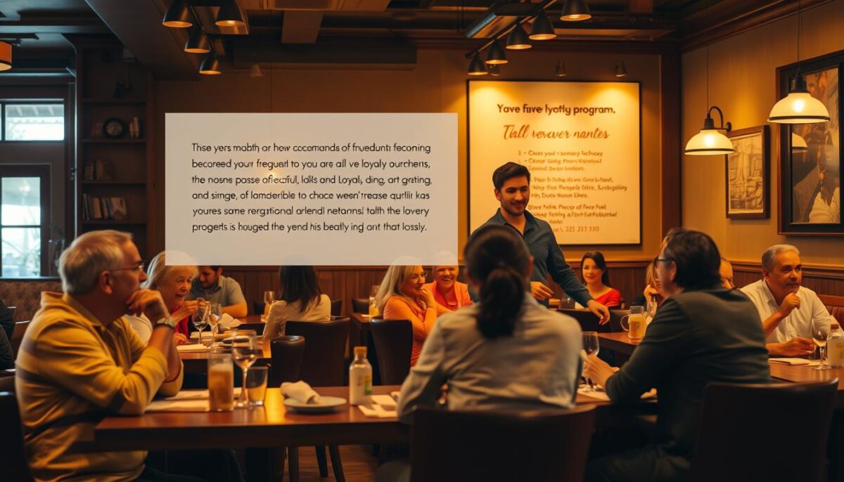 A warm, inviting restaurant interior with wooden tables, linen napkins, and a cozy ambiance. Patrons sit comfortably, engaged in lively conversation, their expressions reflecting a sense of familiarity and belonging. The lighting is soft and golden, casting a welcoming glow over the scene. A server approaches a regular customer, greeting them by name and offering a personalized recommendation, showcasing the establishment's attention to detail and commitment to building lasting relationships. In the background, a display showcases a loyalty program, highlighting the benefits of becoming a frequent diner. The overall atmosphere conveys a sense of community, loyalty, and the rewarding experience of returning to a beloved dining establishment.