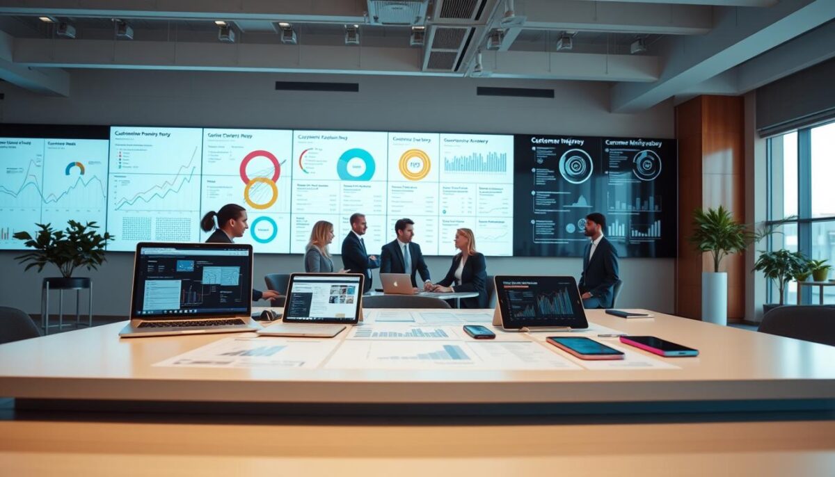 A well-lit and modern office setting, with a large desk in the foreground displaying various customer data visualizations. On the desk, there are several electronic devices, such as a laptop, tablet, and smartphone, showcasing customer insights and analytics. The middle ground features a team of professionals, dressed in business attire, analyzing the data and discussing ways to personalize the customer experience. In the background, a large wall-mounted display shows intricate customer journey maps and targeted marketing strategies. The overall atmosphere is one of focus, innovation, and a data-driven approach to enhancing the customer experience.