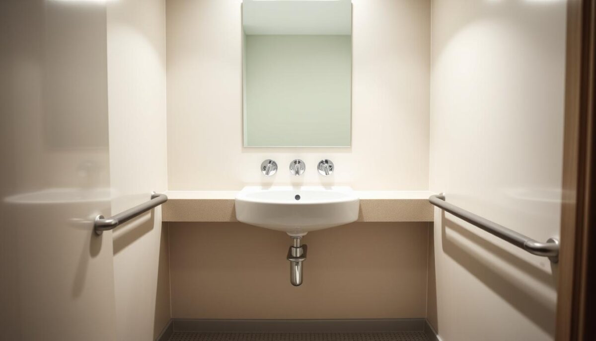A well-lit bathroom interior with an ADA-compliant sink installation at the center. Bright, indirect lighting illuminates the space, casting soft shadows. The sink is mounted at the proper height, with clear knee and toe clearance below. Sleek, modern fixtures in a chrome finish complement the clean, accessible design. The countertop is a neutral, durable material, and the floor is textured for slip resistance. The overall atmosphere is welcoming, functional, and compliant with accessibility guidelines.