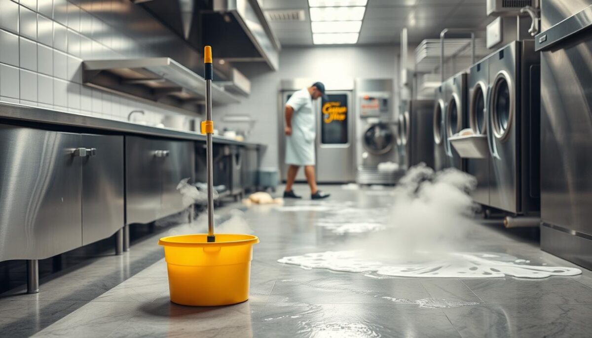 A well-lit commercial kitchen, gleaming stainless steel appliances and surfaces, a mop bucket in the foreground, a person in a white uniform diligently scrubbing the floor, steam rising from a sink filled with soapy water, the aroma of lemon-scented cleaner, the hum of an industrial dishwasher in the background, a sense of meticulous attention to detail and a commitment to maintaining a spotless, hygienic workspace.