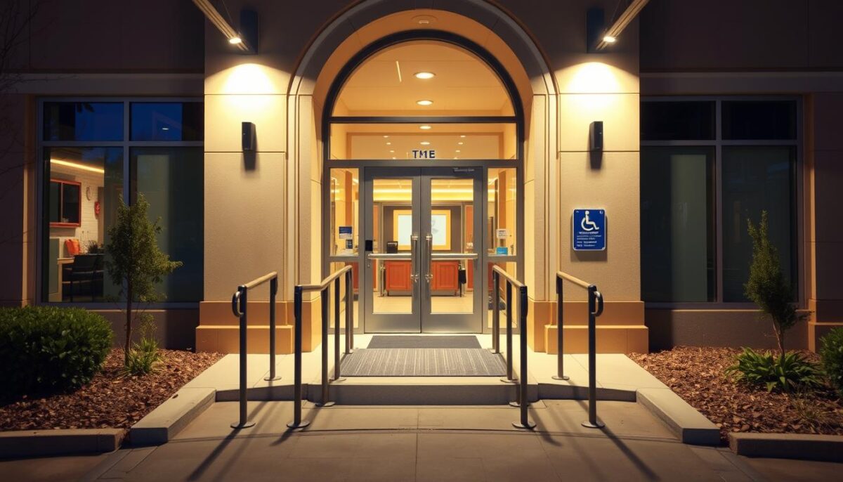 A well-lit exterior entrance to a commercial building, showcasing accessible features such as a wide, level doorway, a ramp with handrails, and clear signage indicating accessibility. The scene has a clean, modern aesthetic with a warm, inviting atmosphere. The foreground features the entrance itself, while the middle ground depicts the accessible path leading up to it. The background subtly suggests the building's overall architecture and surroundings, creating a harmonious and inclusive visual narrative.