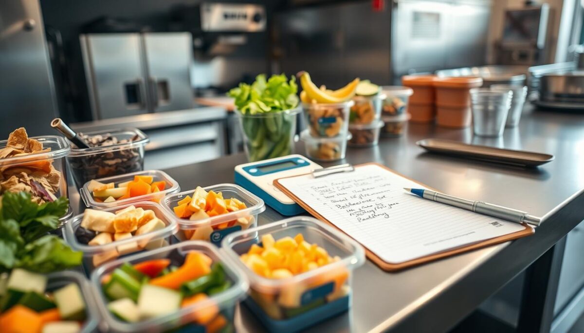 A well-lit, high-angle view of a restaurant kitchen counter, showcasing an organized array of food items, measuring tools, and a clipboard with handwritten notes. The foreground features a variety of food scraps, neatly separated into different containers, highlighting the process of a comprehensive food waste audit. The middle ground showcases a digital food scale, a notebook, and a pen, suggesting a methodical approach to tracking and recording data. In the background, glimpses of stainless steel appliances and kitchen equipment create a professional, commercial atmosphere, emphasizing the setting of a restaurant kitchen. The overall scene conveys a sense of precision, attention to detail, and a proactive approach to reducing food waste.