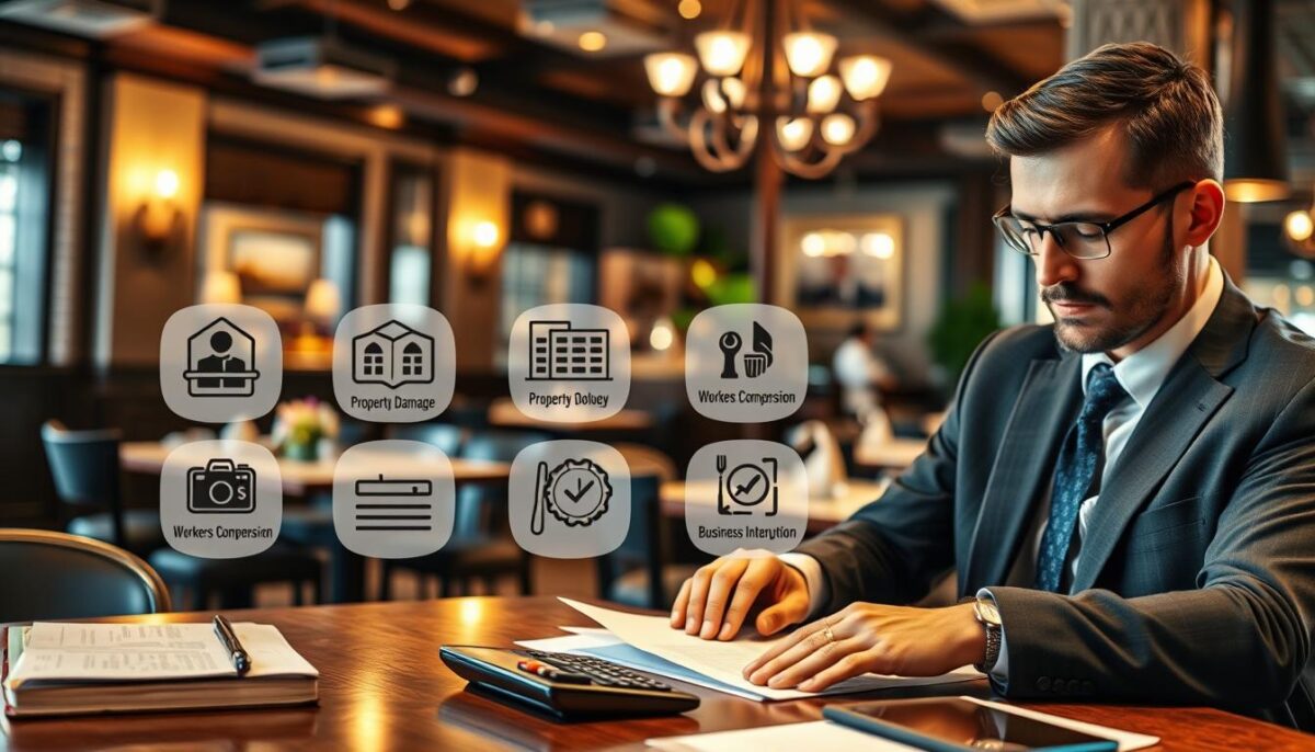 A well-lit, high-resolution image depicting a comprehensive overview of essential restaurant insurance coverage. In the foreground, a businessman in a suit reviews a contract, with a calculator and documents on the desk. In the middle ground, an array of insurance policy icons representing key coverage areas such as liability, property damage, workers' compensation, and business interruption. In the background, a tasteful restaurant interior with tables, chairs, and a bar, conveying a sense of the insured business. The lighting is warm and professional, with a depth of field that keeps the focus on the central elements. The overall tone is one of informed protection and financial security for the restaurant industry.