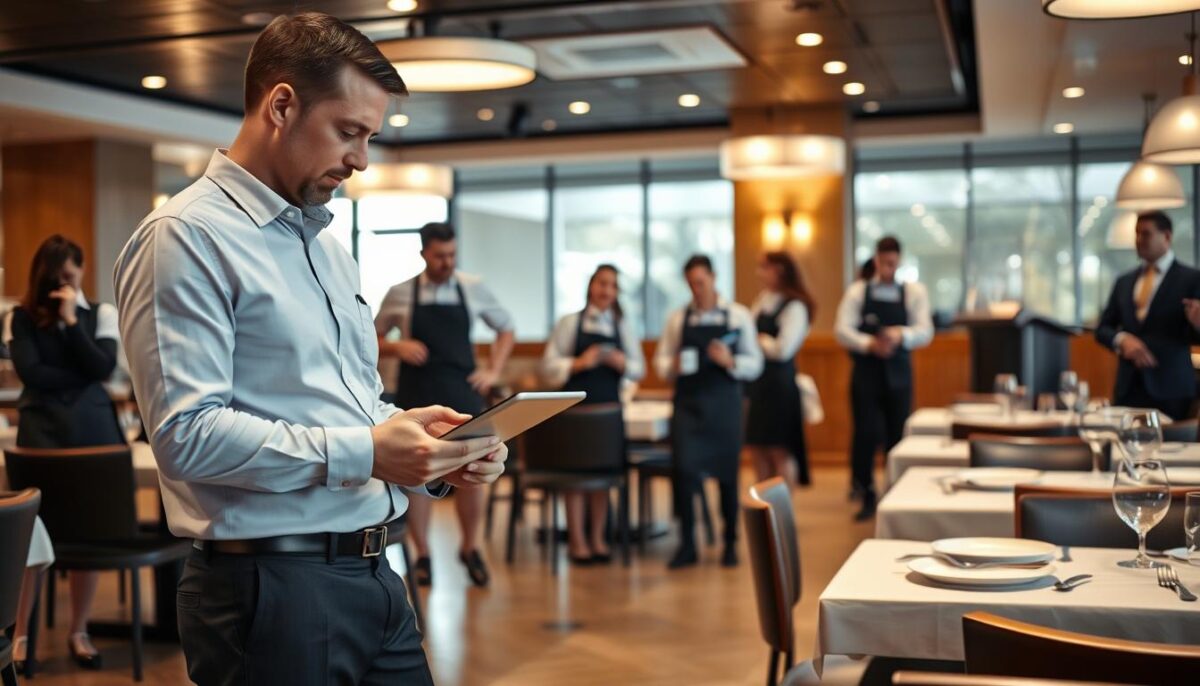 A well-lit, modern restaurant dining area with a team of professional staff engaged in various management tasks. In the foreground, a manager in a crisp button-down shirt and slacks reviewing employee schedules on a tablet. In the middle ground, servers in black aprons and white shirts communicating with each other and checking order tickets. In the background, a host in a formal suit standing by the podium, greeting and seating arriving customers. Soft ambient lighting, clean lines, and an organized, efficient atmosphere convey a high-quality dining establishment focused on excellent customer service and staff coordination.