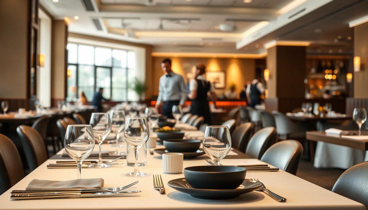 A well-lit restaurant interior, with a focus on a table arrangement showcasing efficient table turnover strategies. The foreground depicts a neatly set table with minimalist yet elegant tableware, suggesting a relaxed, unhurried dining experience. In the middle ground, servers move gracefully between tables, demonstrating seamless service. The background showcases the restaurant's ambiance, with warm lighting, subtle decor, and a hint of bustling activity, creating a harmonious, inviting atmosphere. The overall scene conveys a sense of refined hospitality and strategic table management that prioritizes customer satisfaction without rushing the experience.