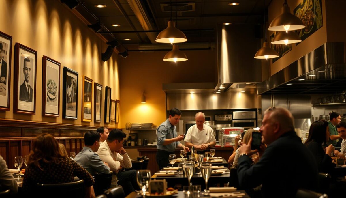 A well-lit restaurant interior, with warm lighting and cozy ambiance. In the foreground, a group of diners at a table, engaged in conversation and enjoying their meal. On the walls, framed photographs and artwork depicting the restaurant's history and cuisine. In the middle ground, a friendly server interacting with customers, taking orders and refilling drinks. The background features an open kitchen where chefs can be seen meticulously preparing dishes. The scene conveys a sense of hospitality, attention to detail, and a commitment to creating a memorable dining experience that fosters customer loyalty and repeat business.