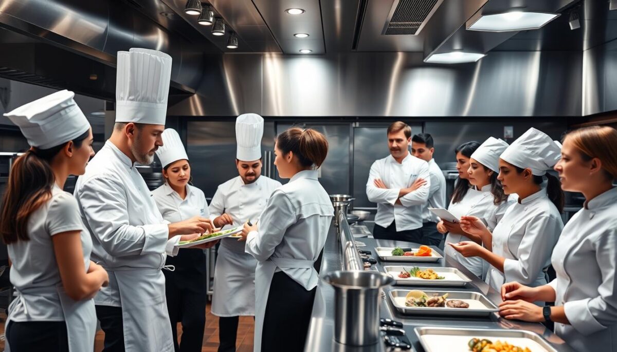 A well-lit restaurant kitchen, with chefs in crisp white uniforms and tall hats, carefully demonstrating food preparation techniques to a group of eager trainees. The trainees, in smart casual attire, observe intently, taking notes and asking questions. The atmosphere is one of focused learning, with a sense of camaraderie and professionalism. Gleaming stainless steel surfaces, well-organized workstations, and the aroma of fresh ingredients create a vibrant, energetic setting for this hands-on training session. The camera captures the scene from a slightly elevated angle, highlighting the collaborative nature of the activity and the commitment to excellence in the restaurant's staff.