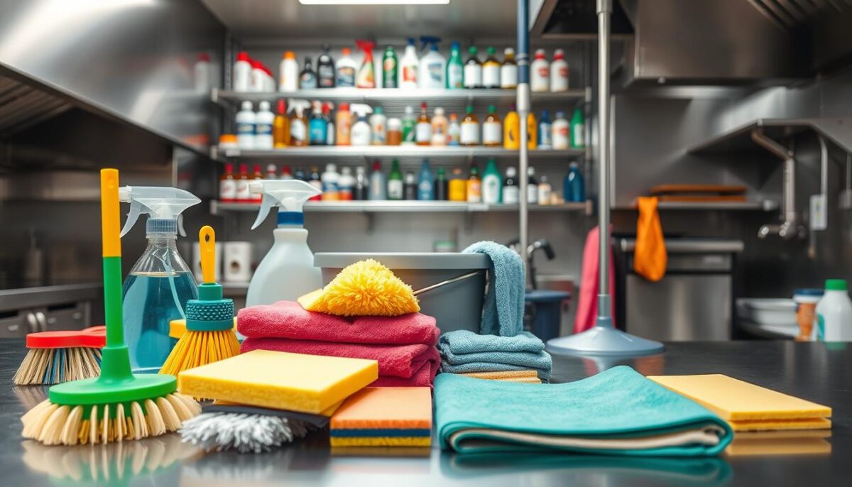 A well-organized commercial kitchen, with a variety of cleaning supplies neatly arranged on a stainless steel countertop. In the foreground, a selection of scrub brushes, sponges, and cleaning cloths in various colors. In the middle ground, a spray bottle, a bucket, and a mop stand. In the background, shelves stocked with bottles of all-purpose cleaner, disinfectant, and degreasers. The lighting is bright and even, highlighting the gleaming surfaces and the organized layout. The overall atmosphere conveys a sense of efficiency, cleanliness, and attention to detail, reflecting the high standards required in a professional kitchen environment.