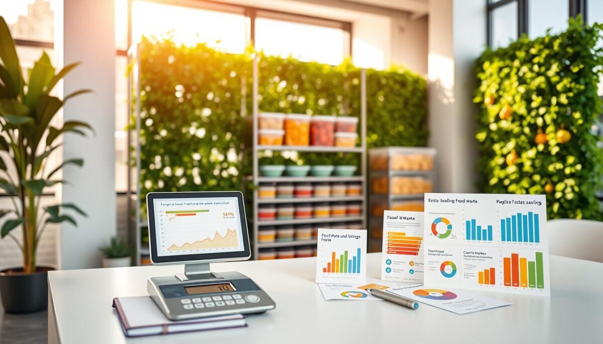 A well-organized modern office interior, bathed in warm natural light streaming through large windows. In the foreground, a clean, minimalist desk with a notebook, pen, and a digital scale displaying food weight data. On the desk, various colorful graphical charts and infographics depicting food waste metrics, cost savings, and sustainability impact. In the middle ground, shelves with neatly organized storage containers, color-coded by food type. The background features a vibrant living plant wall, symbolizing the environmental benefits of food waste reduction. The overall atmosphere is one of efficiency, organization, and a commitment to sustainable practices.