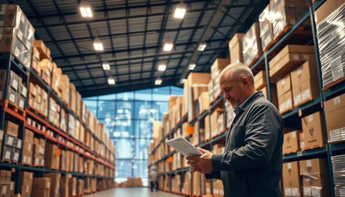 A well-organized warehouse interior with rows of neatly stacked boxes and shelves, conveying a sense of reliability and efficiency. Warm lighting from overhead fixtures casts a subtle glow, creating a professional and trustworthy atmosphere. The camera angle is slightly elevated, providing a panoramic view of the seamless workflow. In the foreground, a purchasing manager inspects inventory, carefully examining product labels and supply chain documentation. The background features a large window overlooking a bustling city skyline, symbolizing the supplier's ability to reliably deliver goods from diverse sources. An air of dependability and attention to detail permeates the scene.
