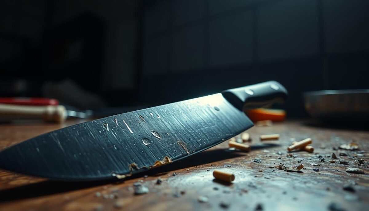 A worn, dull kitchen knife lying on a cluttered countertop, its blade nicked and discolored. Harsh overhead lighting casts deep shadows, creating a gloomy, ominous atmosphere. The knife appears neglected, a cautionary tale of the dangers of failing to properly maintain one's culinary tools. The image is shot from a low angle, emphasizing the knife's imposing, threatening presence. The background is blurred, focusing the viewer's attention on the dilapidated blade, a stark contrast to the pristine, sharp knives that should be the hallmark of any professional kitchen.