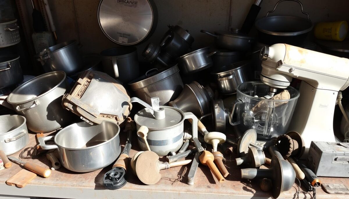 An assortment of well-worn, heavily-used kitchen equipment lies scattered across a cluttered workbench. Battered stainless steel pots and pans, a dented commercial-grade mixer, and a once-gleaming food processor with a cracked housing sit alongside a collection of mismatched utensils and tools. The lighting is harsh, creating stark shadows that accentuate the wear and tear of the items. The overall atmosphere is one of functionality over form, with the equipment bearing the scars of years of heavy use in a professional kitchen environment. The scene conveys the practical, no-frills nature of second-hand commercial appliances, hinting at both their history and potential future applications.