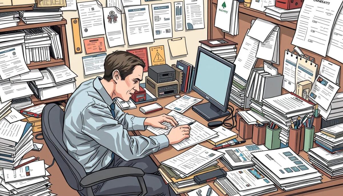 An image of a person at a desk surrounded by paperwork and licenses