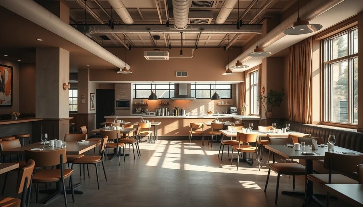 An intimate, well-lit restaurant interior with an optimized layout for maximum efficiency and customer experience. The scene depicts a spacious dining area with thoughtfully arranged tables and chairs, creating a harmonious flow of movement. The kitchen is visible in the background, separated by a partition that allows for seamless service. Natural lighting filters in through large windows, casting a warm, inviting glow throughout the space. The color palette is a sophisticated blend of earthy tones, with accents of wood and metal that add to the modern, yet cozy ambiance. The overall layout showcases strategic placement of key elements, optimizing both staff productivity and customer satisfaction.