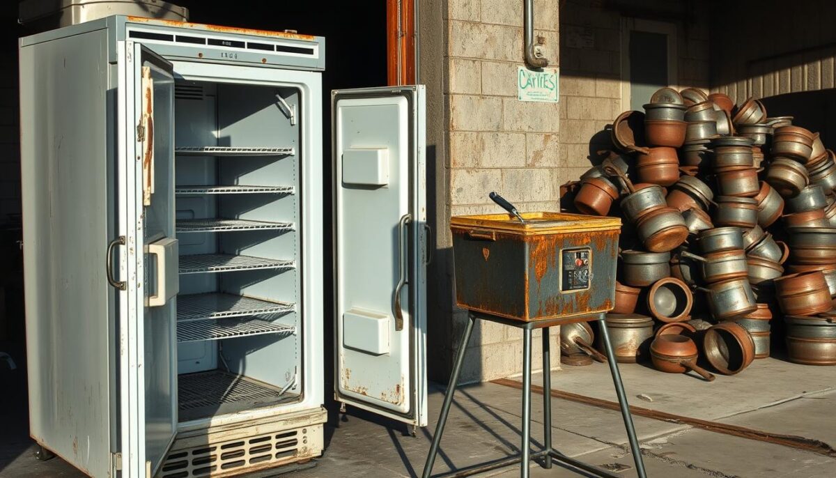 An old, worn-out commercial refrigerator sits on a cluttered, dimly-lit loading dock. Its dented doors hang open, revealing the tarnished, uneven shelves inside. Beside it, a battered deep fryer stands on a wobbly metal stand, its greasy exterior a testament to its heavy use. In the background, a pile of rusting pots and pans casts long shadows, hinting at the potential hidden issues and costly repairs that may await the unsuspecting buyer. The scene conveys a sense of neglect and the potential pitfalls of purchasing used restaurant equipment without proper inspection and consideration.