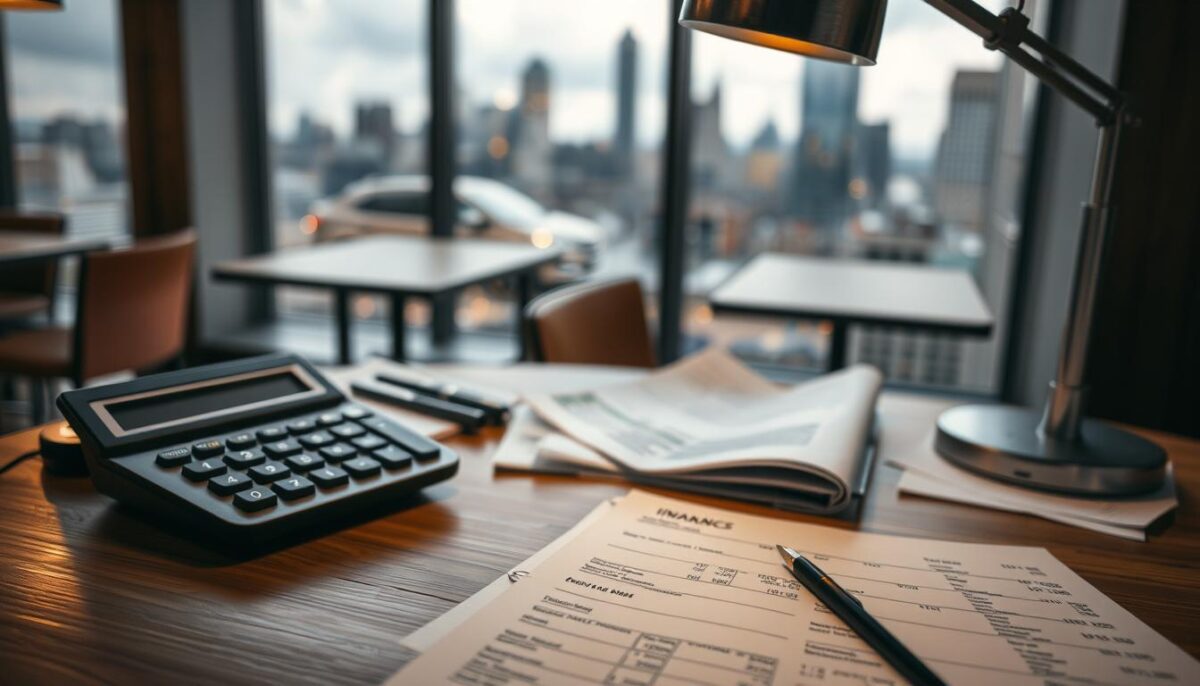 An overhead view of a restaurant's budget management, with a desktop calculator, receipts, and financial documents neatly arranged on a wooden table. Soft, warm lighting from an adjustable desk lamp casts a cozy glow over the scene. In the background, a blurred city skyline is visible through a large window, suggesting the financial challenges facing independent restaurants. The overall atmosphere conveys a sense of focused attention and diligent financial planning.