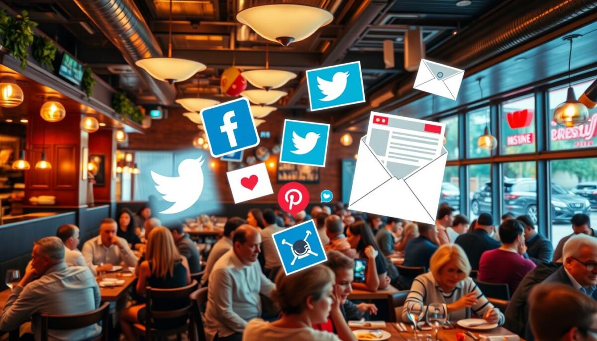 Create an image of a bustling restaurant with a mix of digital marketing elements like social media icons and email newsletters surrounding it.