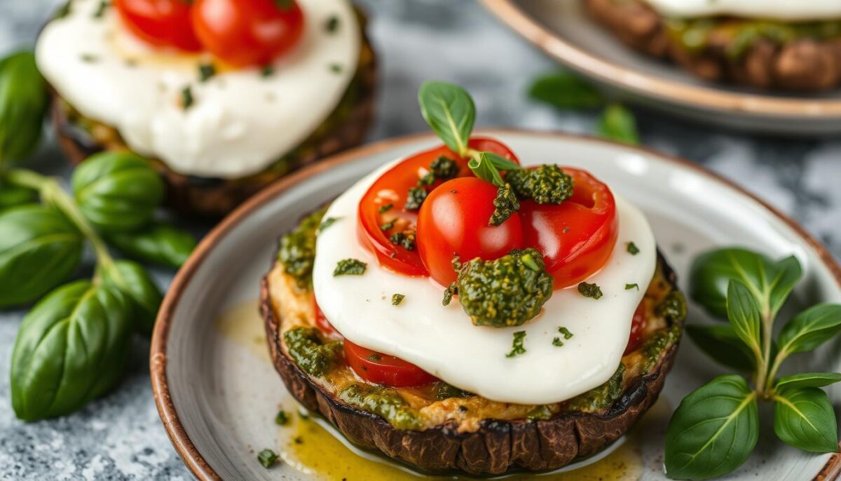 Create an image of a caprese-stuffed portobello mushroom dish, with a portobello mushroom cap filled with mozzarella cheese, cherry tomatoes, and pesto sauce.