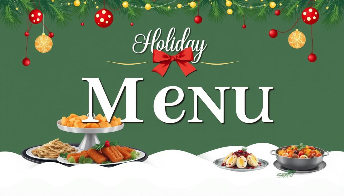 Create an image of a festive holiday catering menu