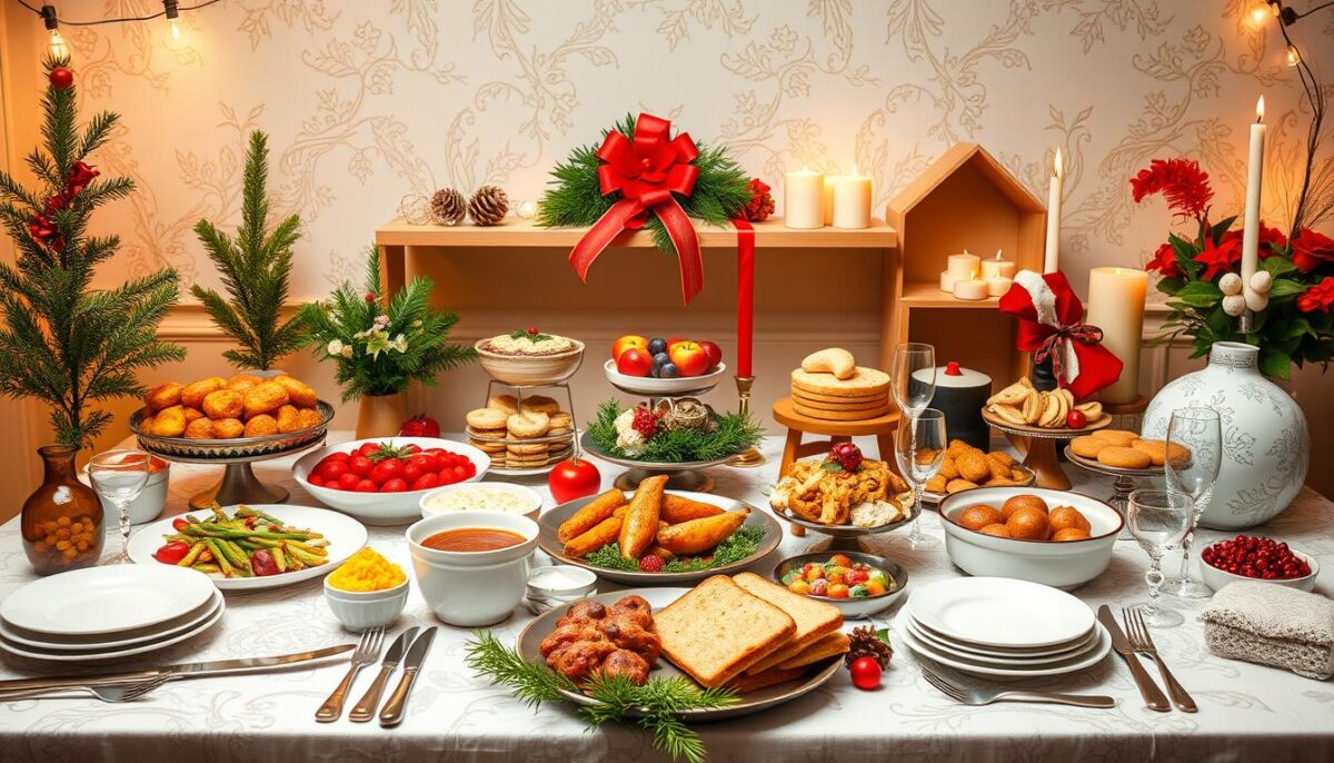 Create an image of a festive holiday catering package