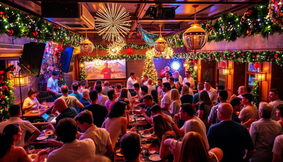 Create an image of a lively restaurant on New Year's Eve with live entertainment