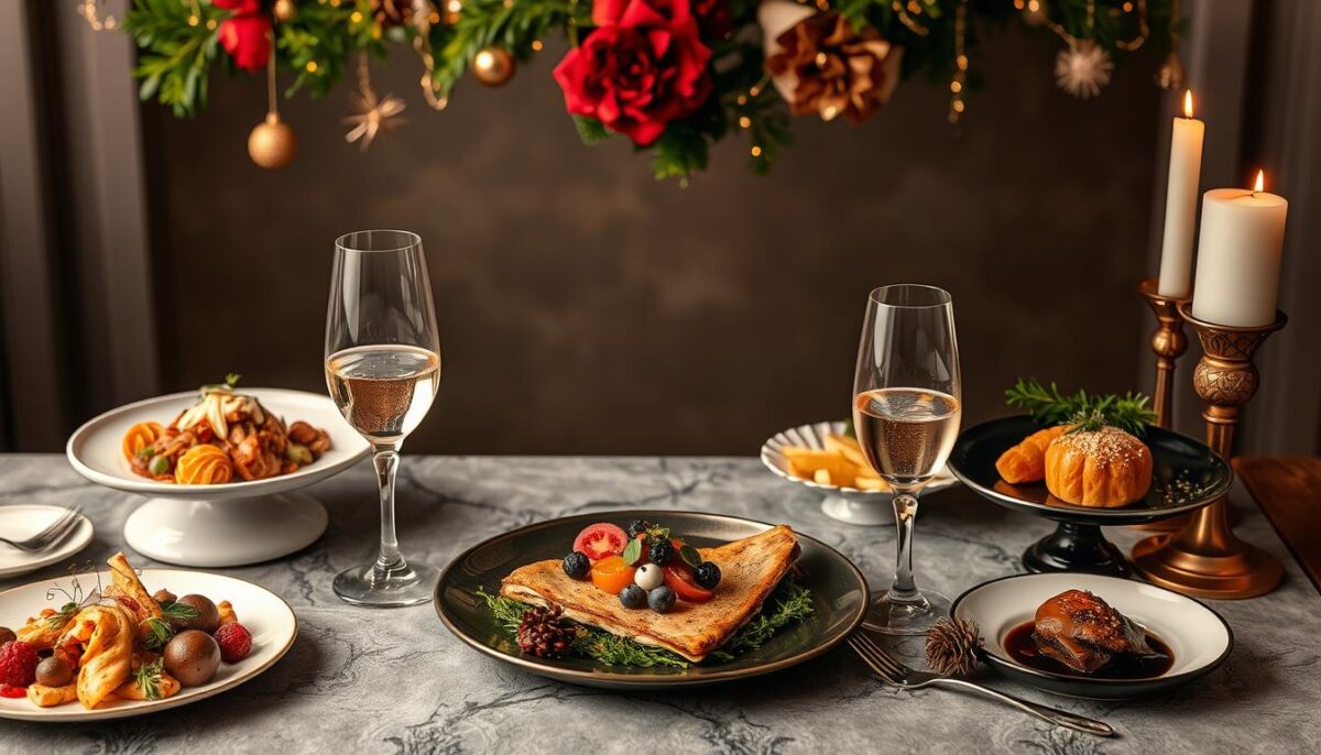Create an image of a luxurious New Year's Eve dinner menu