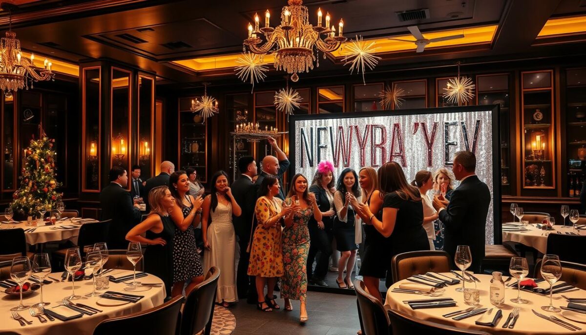 Create an image of a luxurious restaurant New Year's Eve setup with a photo booth, featuring a glittering backdrop, props, and guests celebrating.