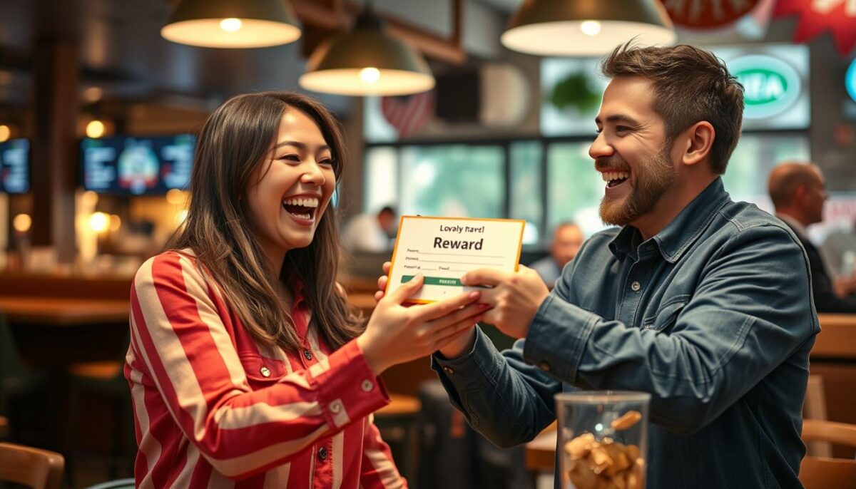 Create an image of a restaurant customer receiving a loyalty reward