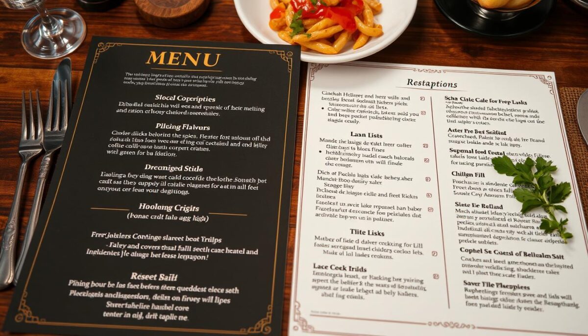 Create an image of a restaurant menu with mouthwatering dish descriptions