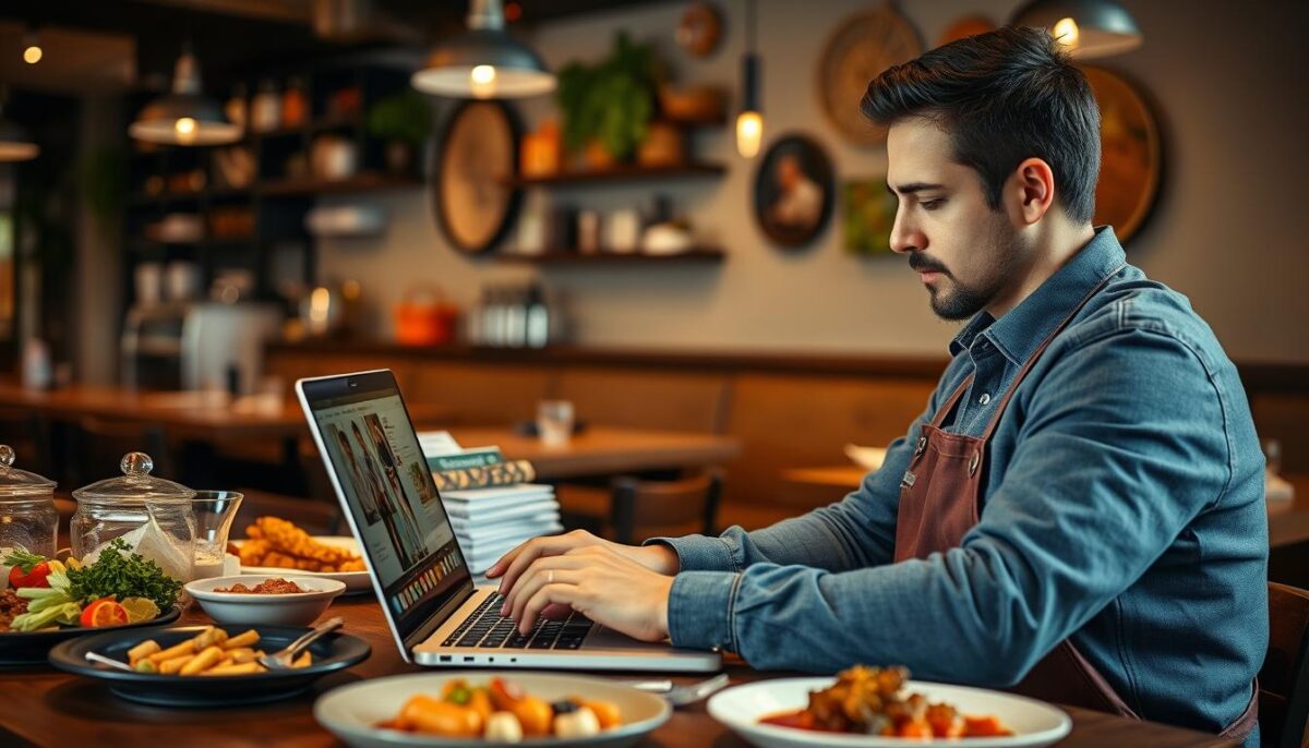 Create an image of a restaurant owner configuring their Google Business Profile on a laptop