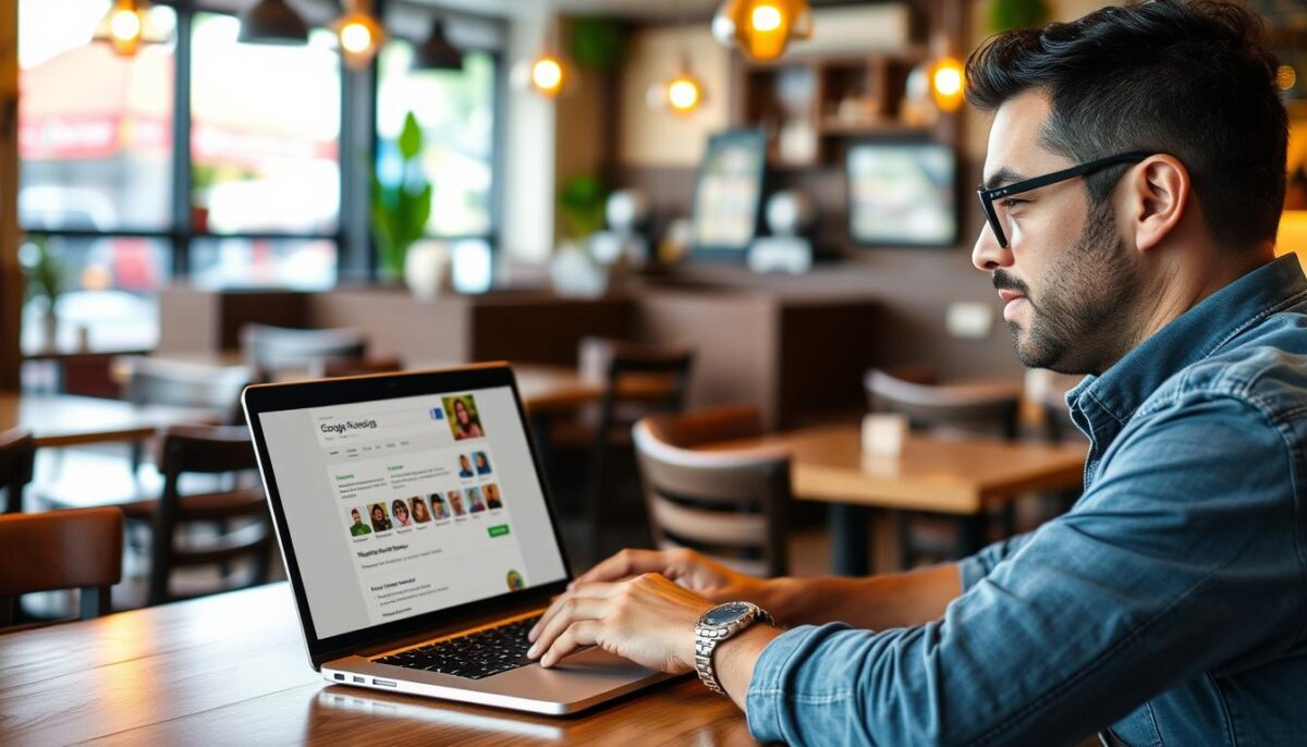 Create an image of a restaurant owner optimizing their Google Business Profile on a laptop