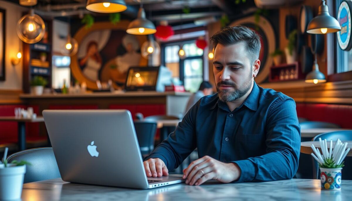 Create an image of a restaurant owner using a laptop to manage their Google Business Profile.