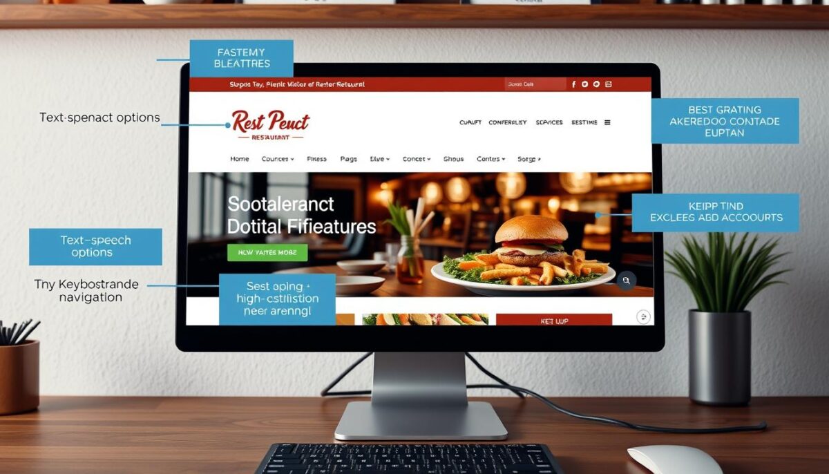Create an image of a restaurant website on a computer screen with accessibility features highlighted.