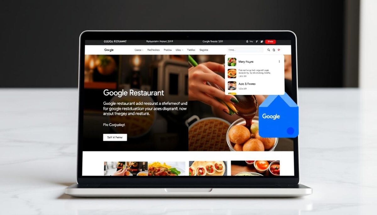 Create an image of a restaurant website on a laptop screen with Google Business integration.