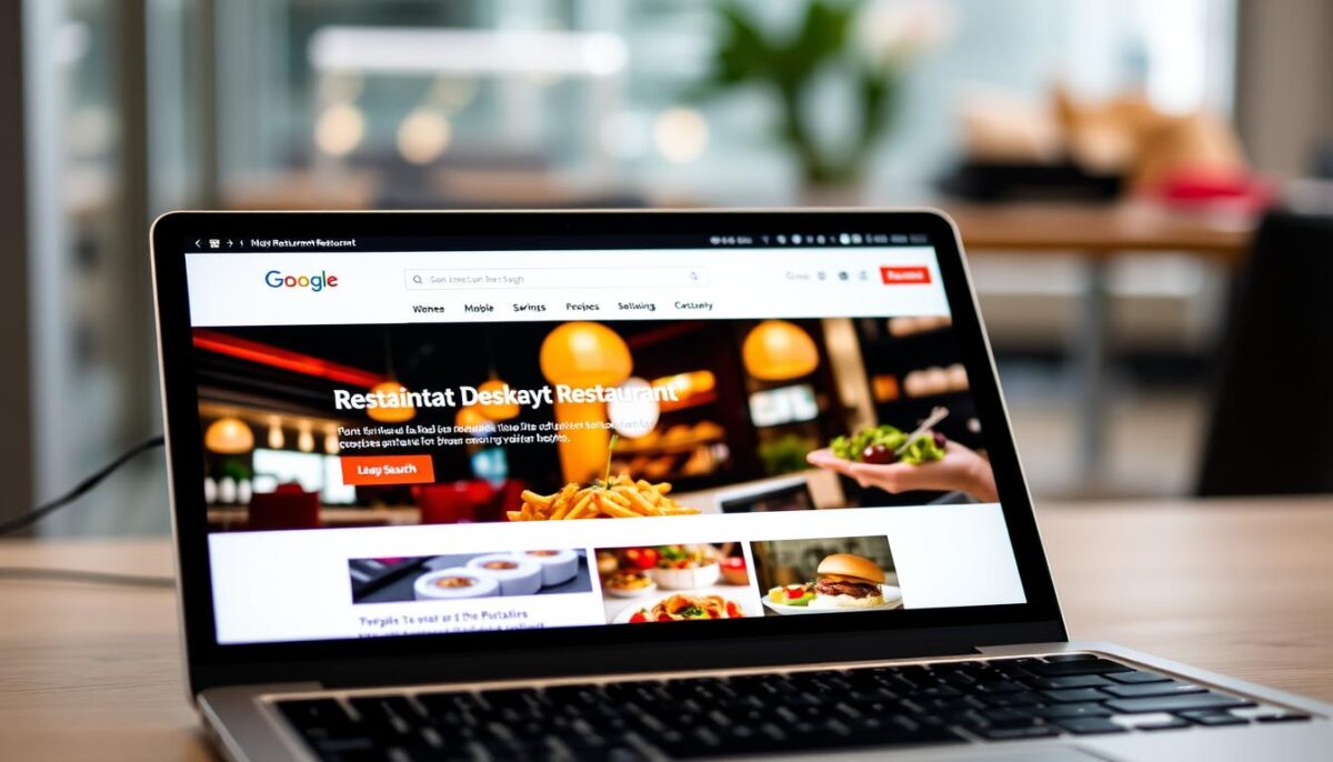 Create an image of a restaurant website on a laptop screen with a Google search result page in the background.