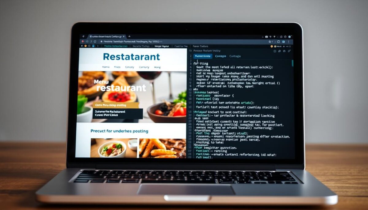 Create an image of a restaurant website on a laptop screen with schema markup code visible
