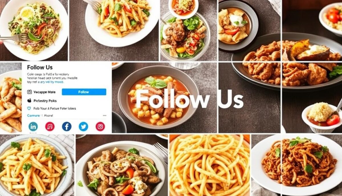 Create an image of a restaurant's social media profile with engaging food photos and a "Follow Us" call-to-action.
