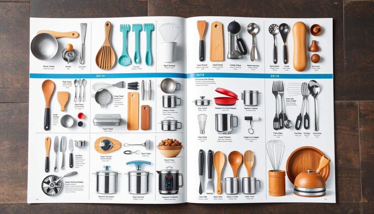 Generate an image of Central Restaurant Products' catalog with kitchen supplies.