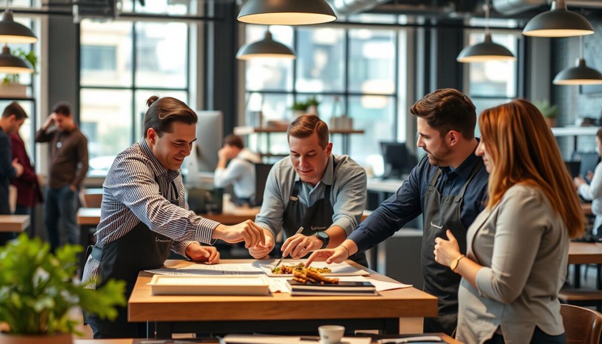 Generate an image of TriMark USA's team working on a restaurant project.