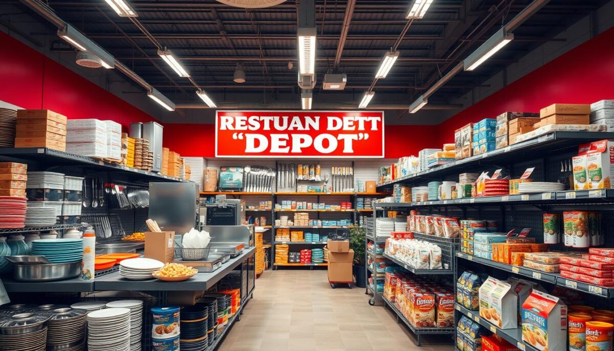 Generate an image of a Restaurant Depot store with various food service supplies.