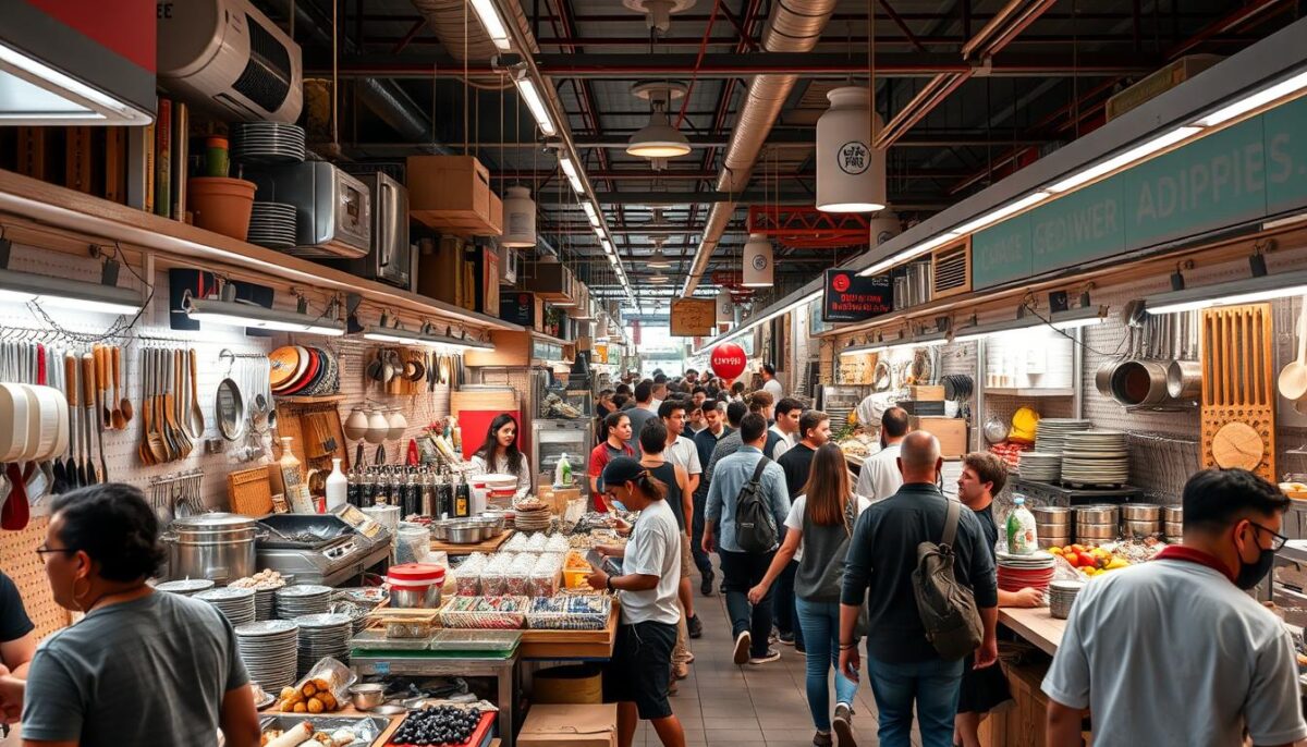 Generate an image of a bustling restaurant equipment marketplace.