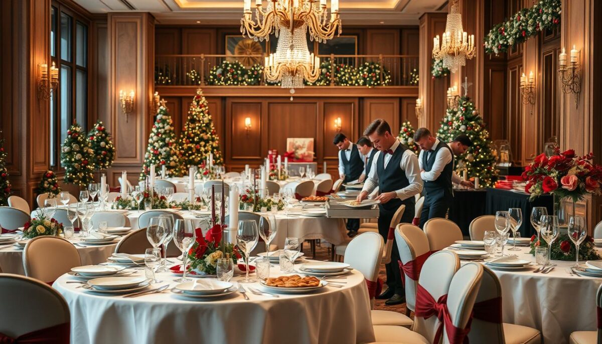 Generate an image of a catering team setting up a holiday event at a luxurious event venue.