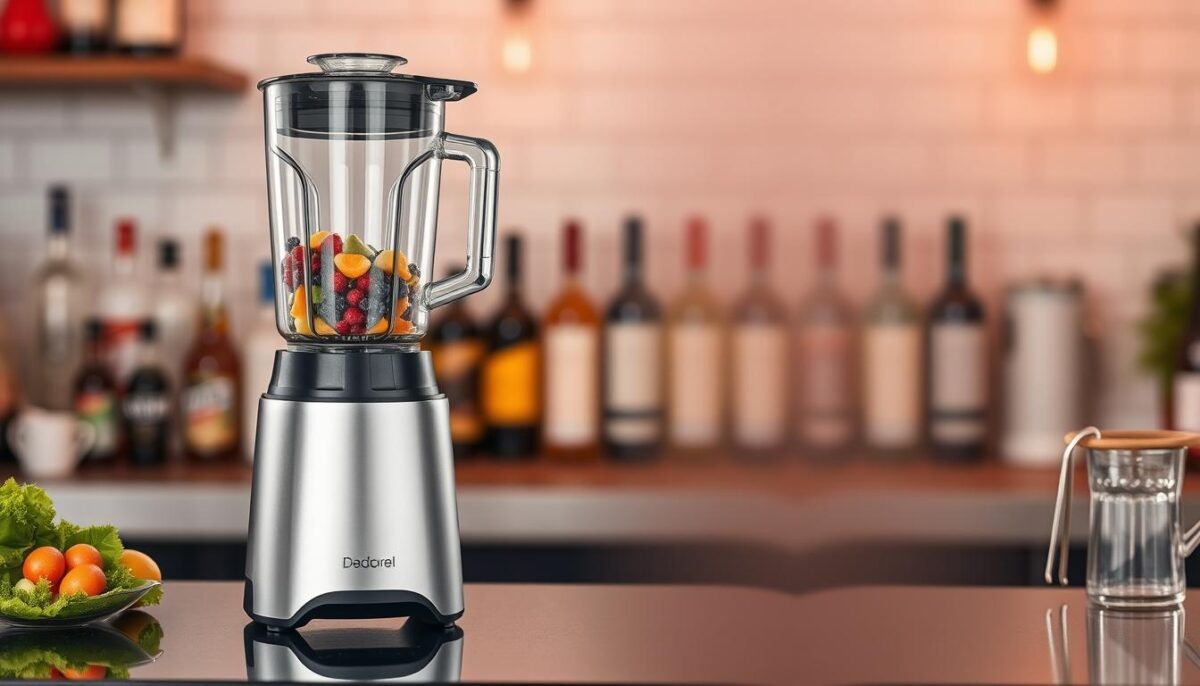 Generate an image of a commercial bar blender with a sleek design and noise-reduction features.